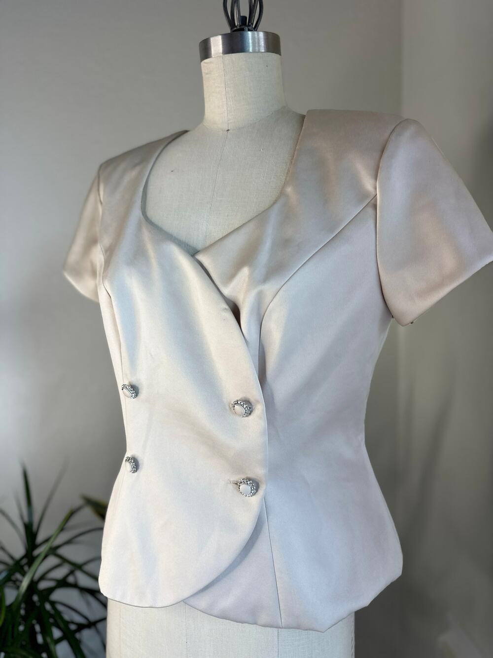 New Image Women's Large Blouse Champagne Satin Crystal Button Draped Vintage